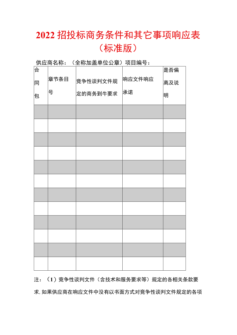 2022招投标商务条件和其它事项响应表（标准版）.docx_第1页