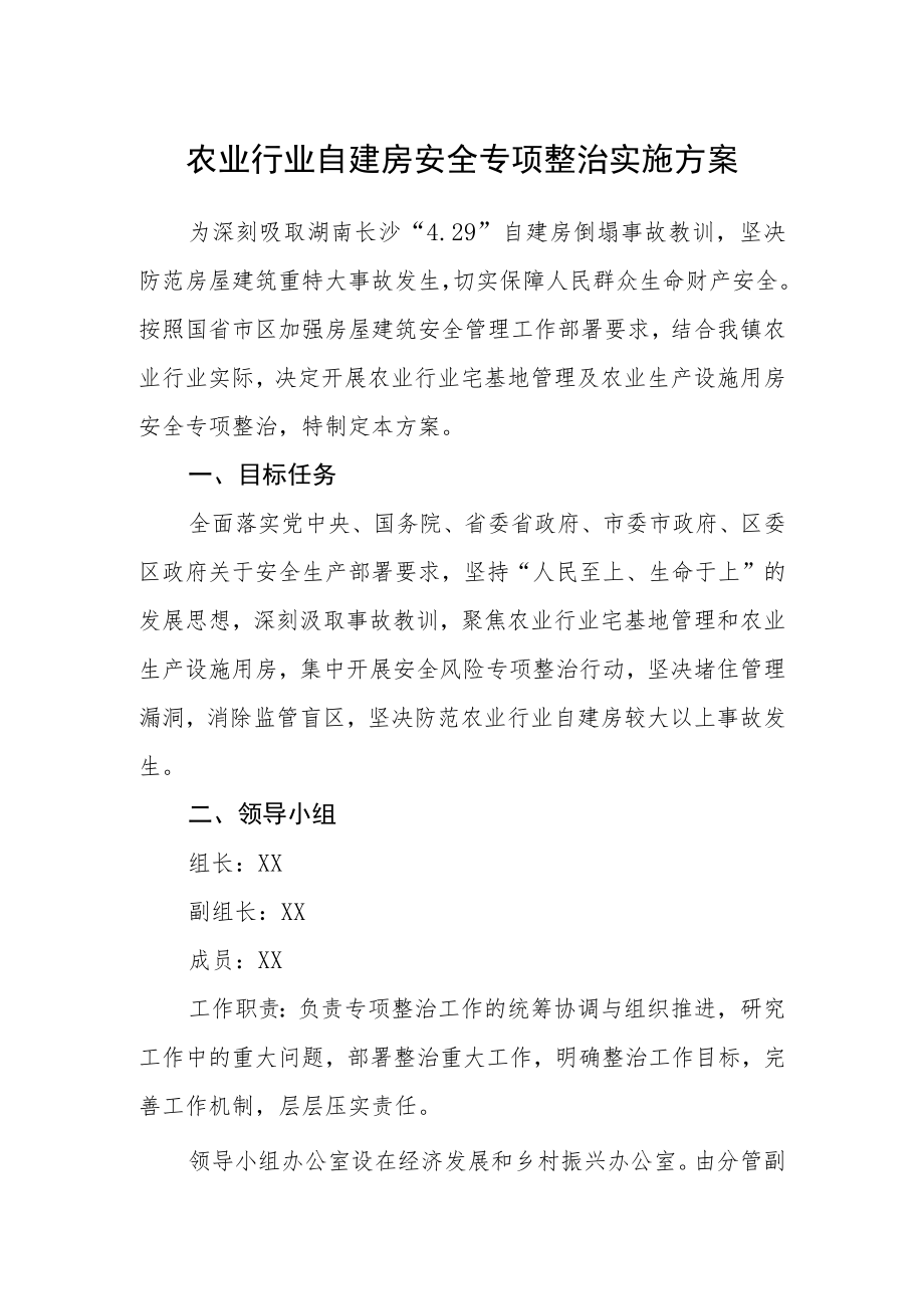 农业行业自建房安全专项整治实施方案.docx_第1页