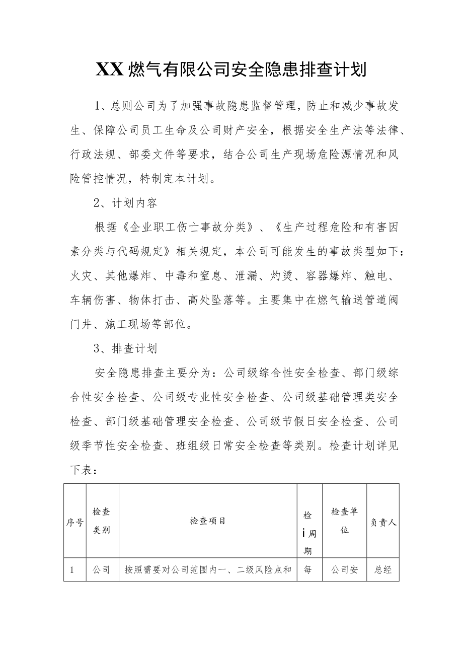 XX燃气有限公司安全隐患排查计划.docx_第1页