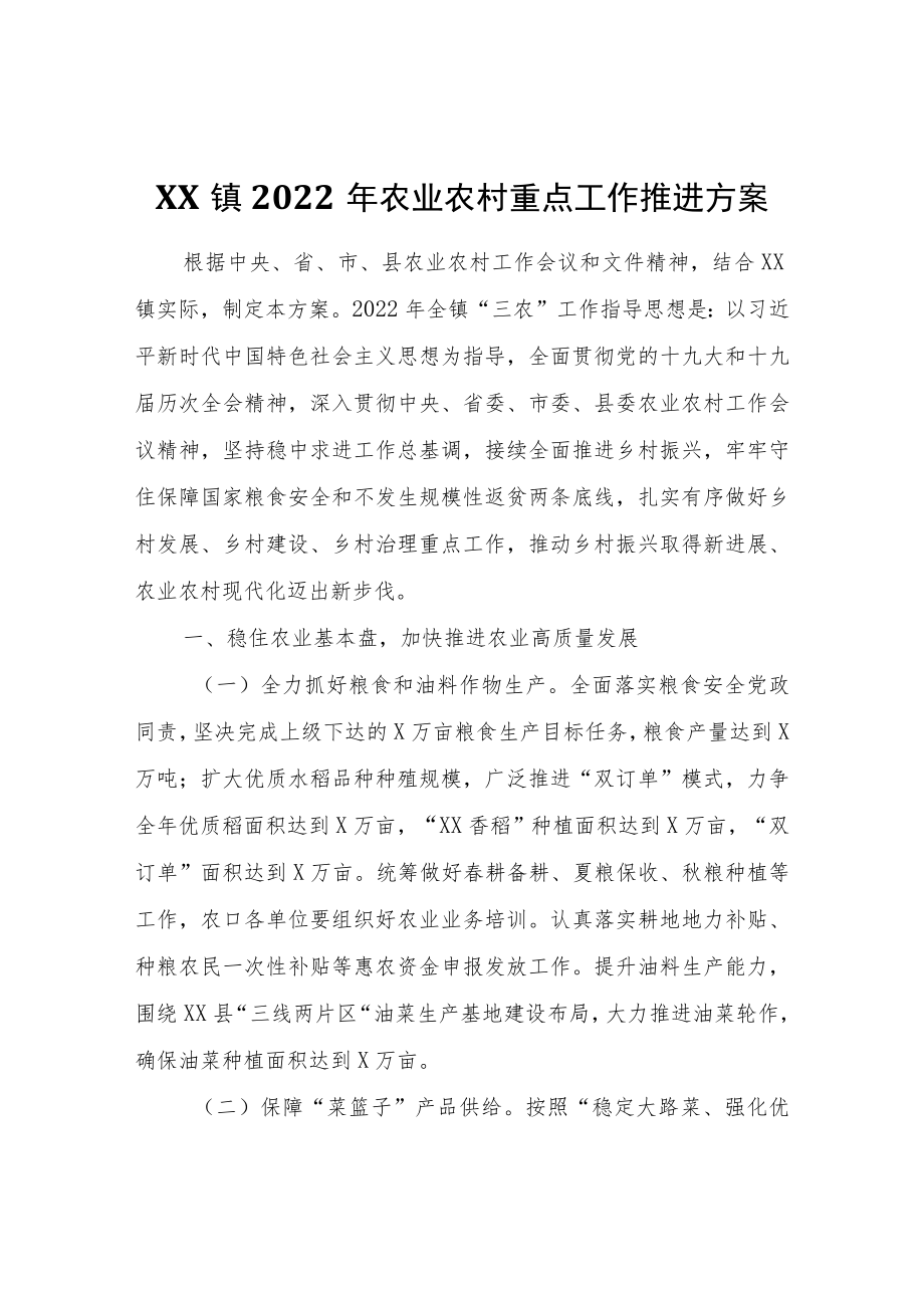 XX镇2022年农业农村重点工作推进方案.docx_第1页