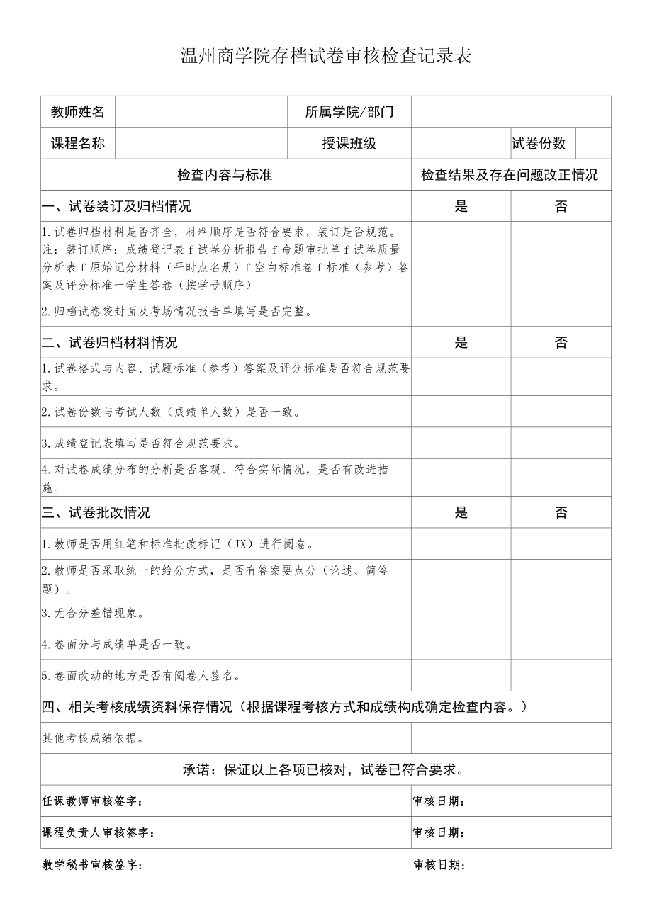 温州商学院存档试卷审核检查记录表.docx_第1页