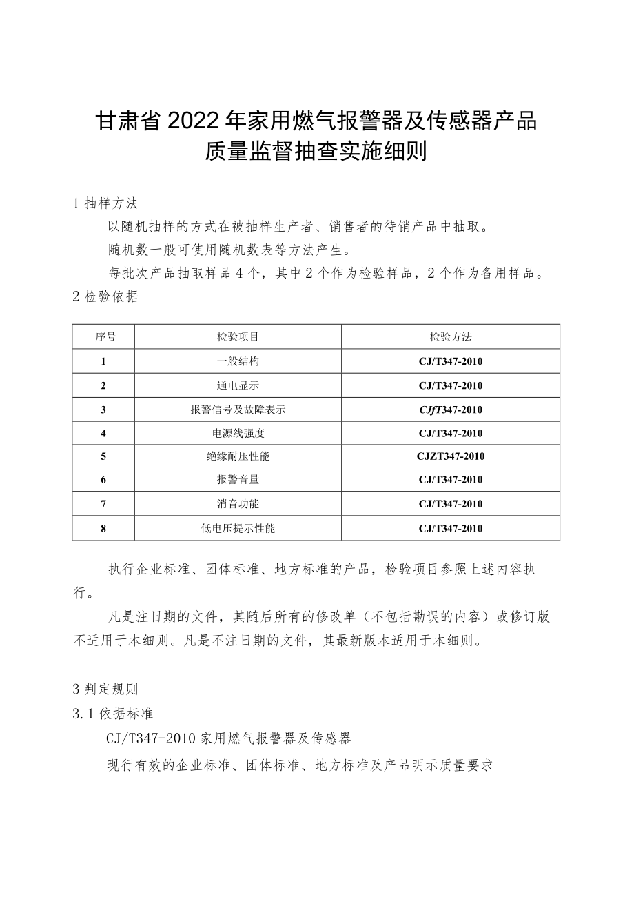 甘肃省2022年家用燃气报警器及传感器产品质量监督抽查实施细则.docx_第1页