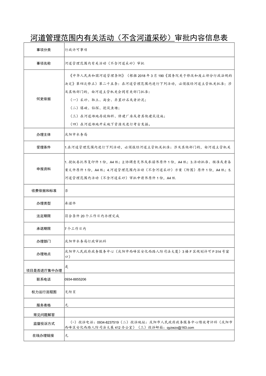 甘肃庆阳河道管理范围内有关活动（不含河道采砂）审批信息表及流程图.docx_第1页