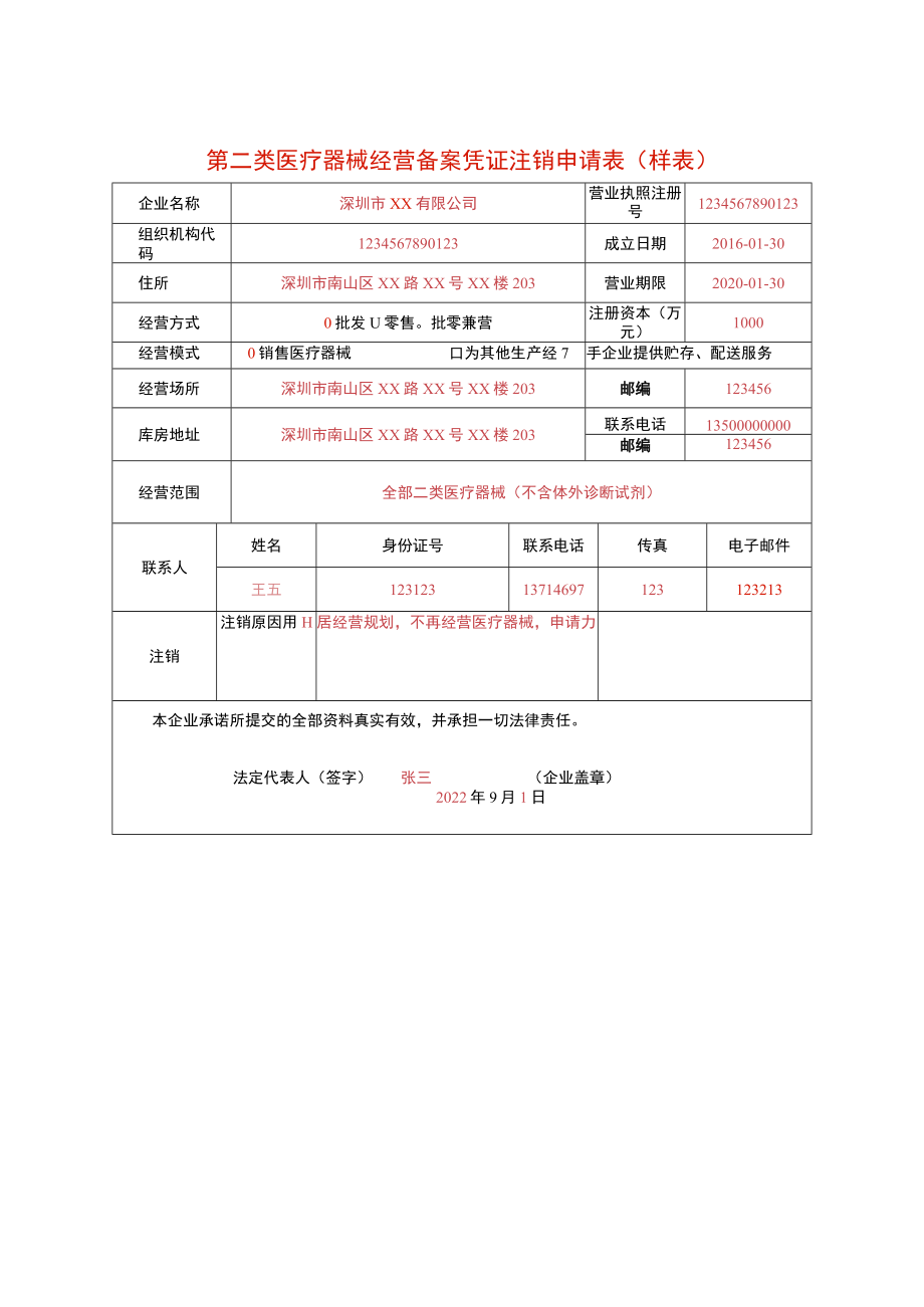 第二类医疗器械经营备案凭证注销申请表（医疗器械经营备案注销）样表.docx_第1页