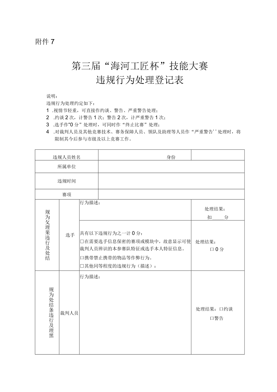 附件7：第三届“海河工匠杯”技能大赛违规行为处理登记表.docx_第1页