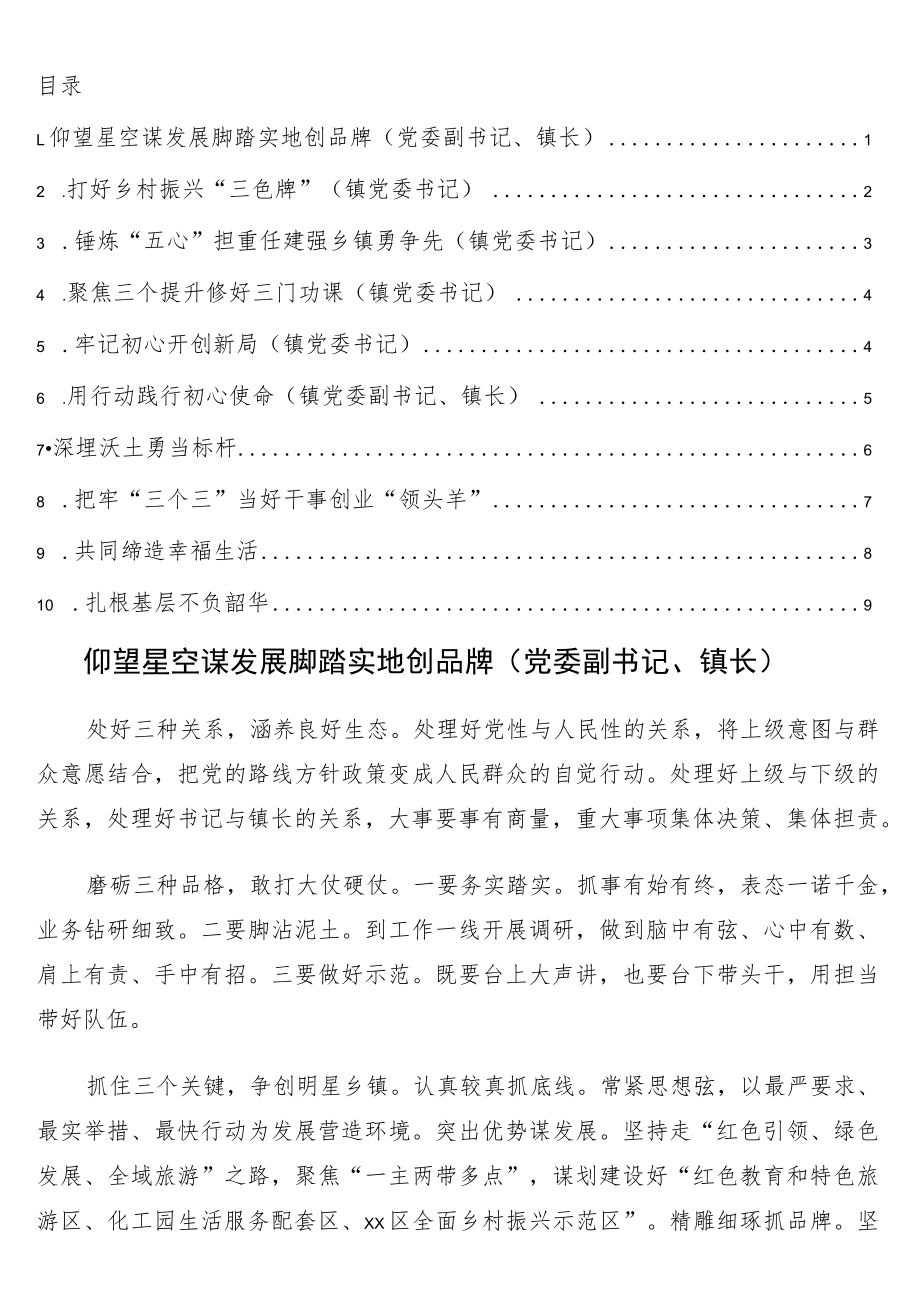 镇党委书籍、副书记、镇长在全市乡镇（街道）党政正职专题培训班上的交流发言10篇.docx_第1页