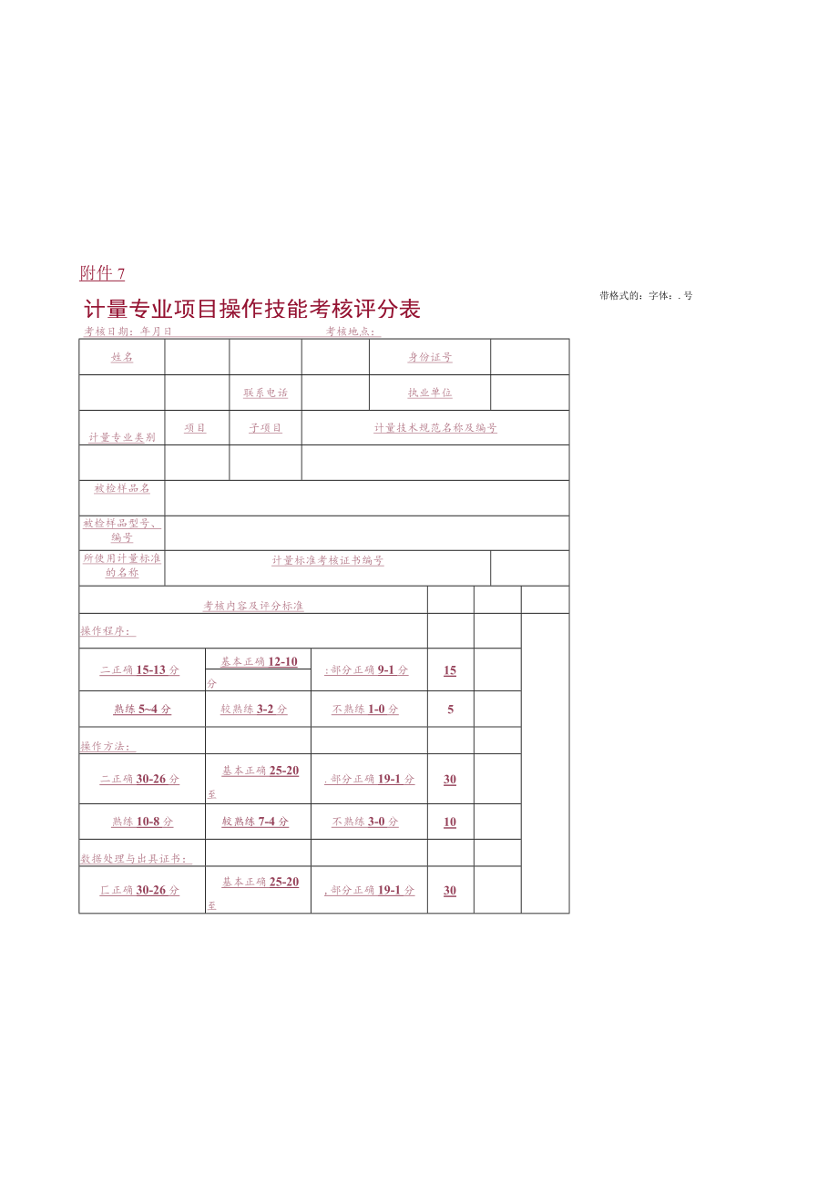 计量专业项目操作技能考核评分表.docx_第1页