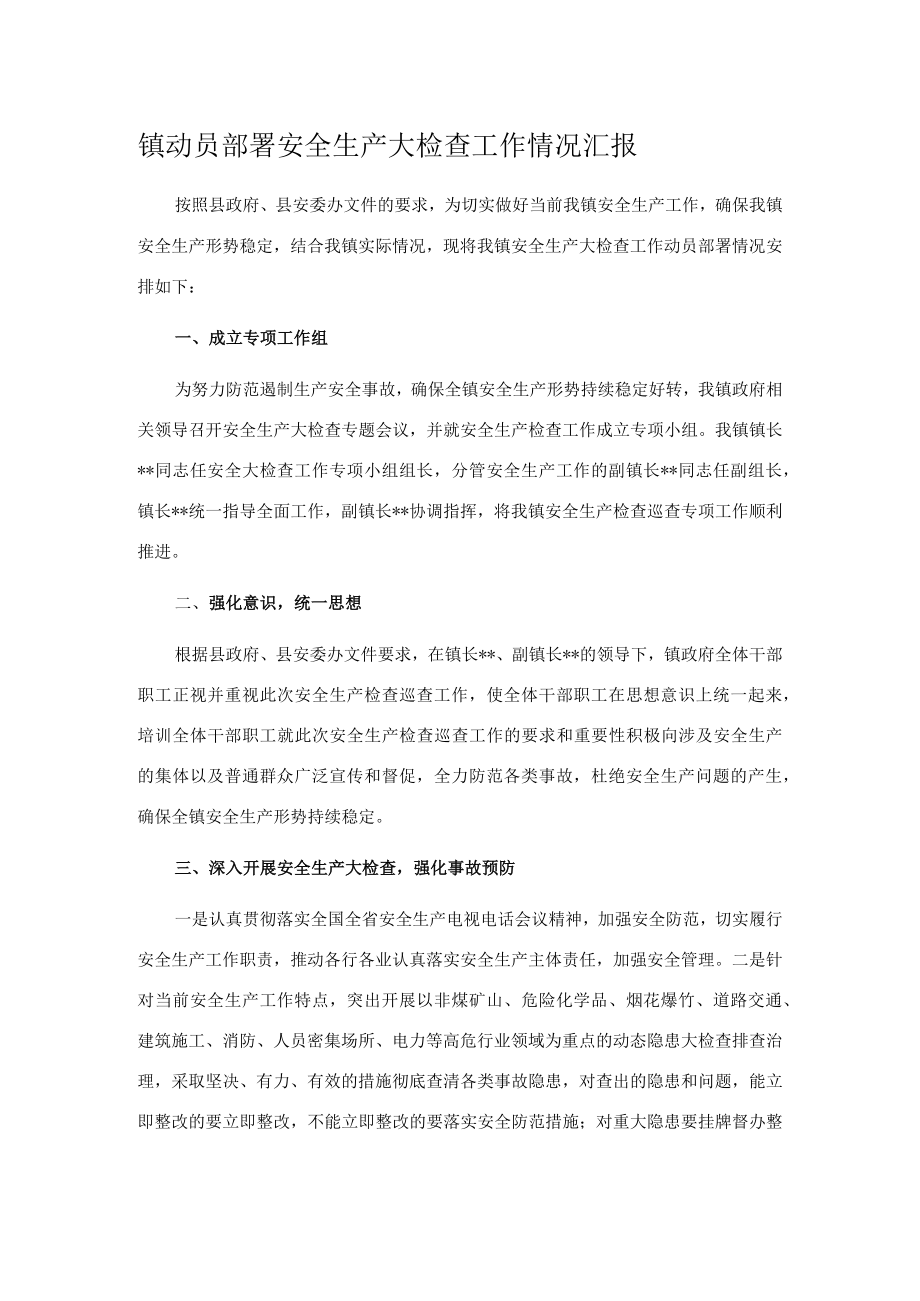 镇动员部署安全生产大检查工作情况汇报.docx_第1页