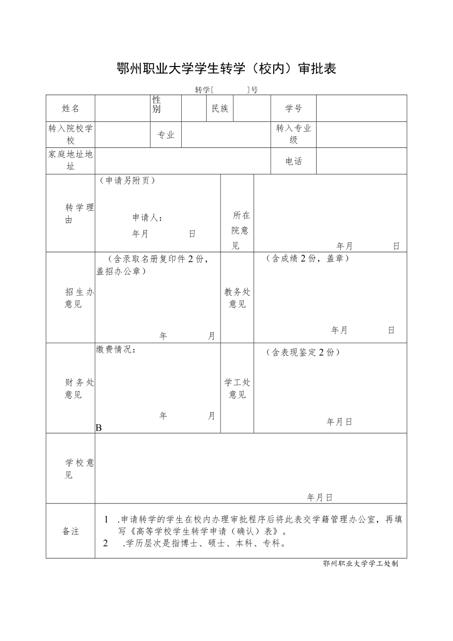 鄂州职业大学学生转学（校内）审批表.docx_第1页