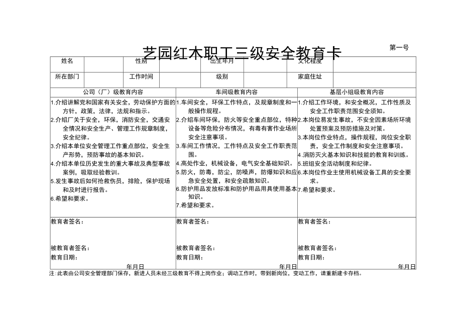 艺园红木职工三级安全教育卡最新.docx_第1页