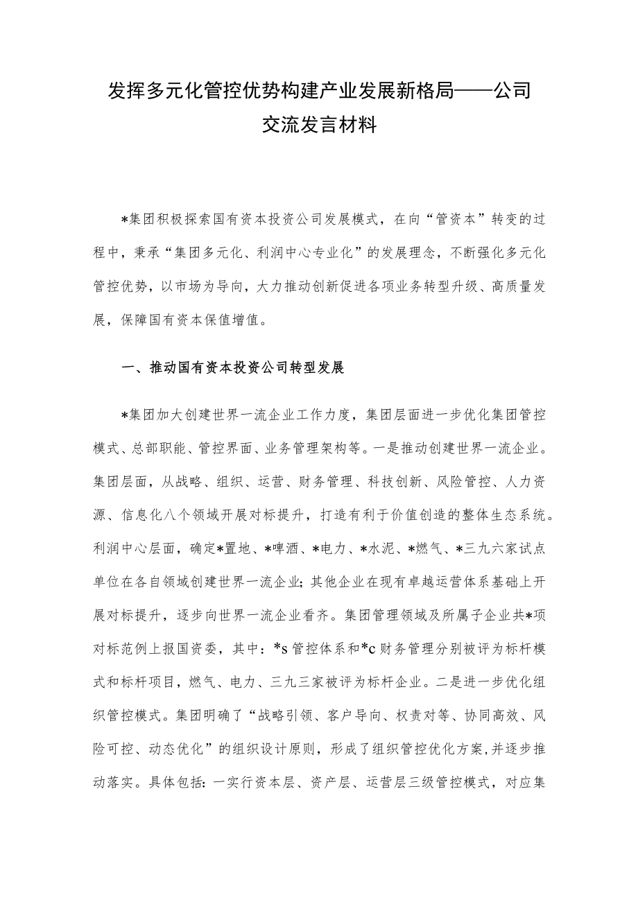 发挥多元化管控优势 构建产业发展新格局——公司交流发言材料.docx_第1页