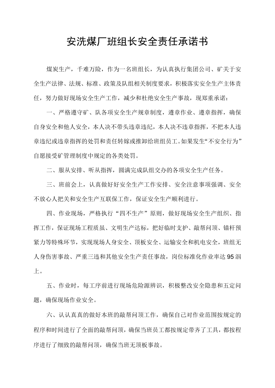 安洗煤厂班组长安全责任承诺书.docx_第1页