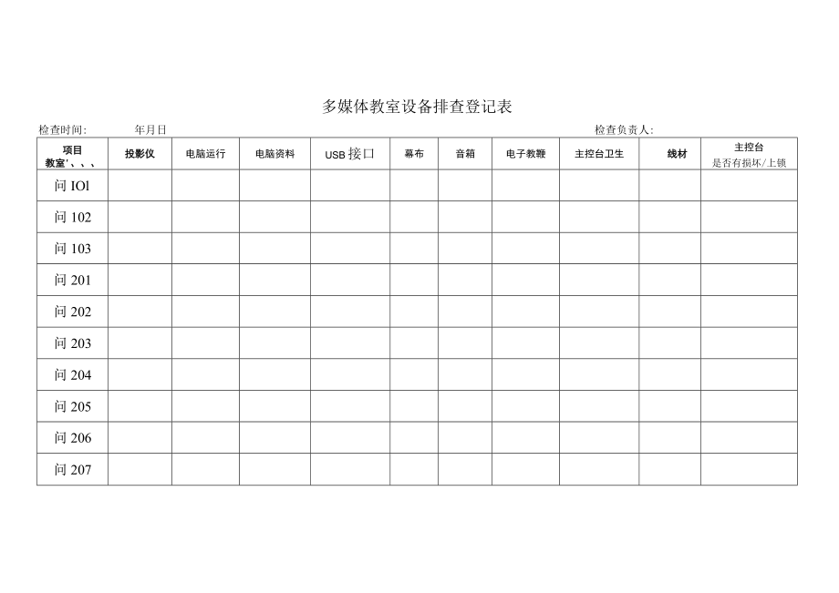 多媒体教室设备排查登记表.docx_第1页