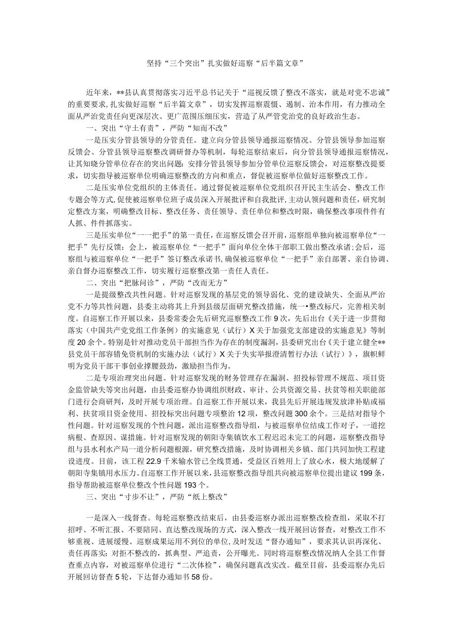 坚持'三个突出”扎实做好巡察“后半篇文章”.docx_第1页