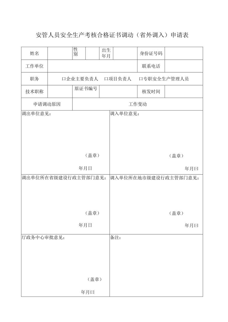 安管人员安全生产考核合格证书调动申请表.docx_第1页