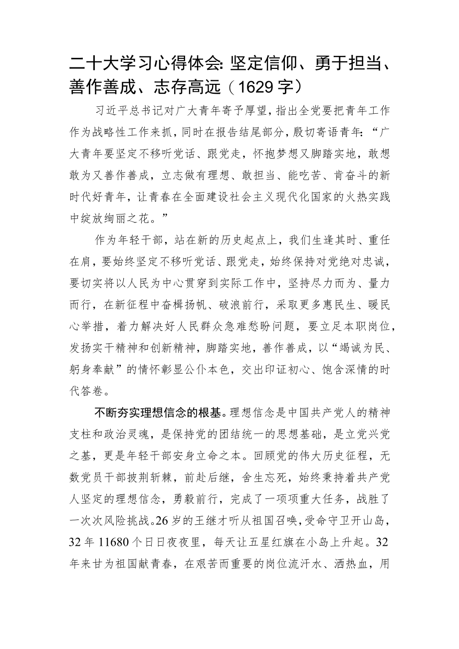 20D学习心得体会： 坚定信仰、勇于担当、善作善成、志存高远.docx_第1页