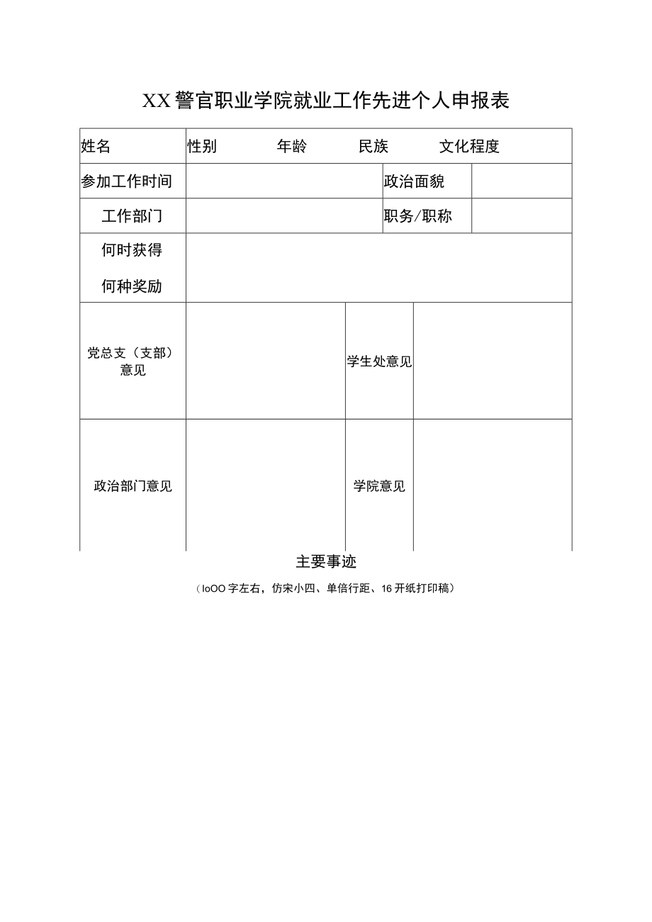 XX警官职业学院就业工作先进个人申报表.docx_第1页