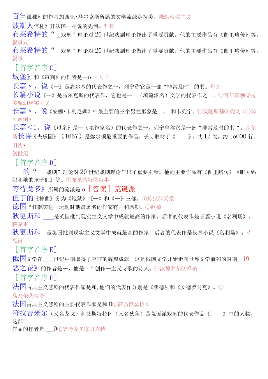 [2022秋期]2402国开电大专科《外国文学》十年期末考试填空题题库(珍藏版).docx_第2页