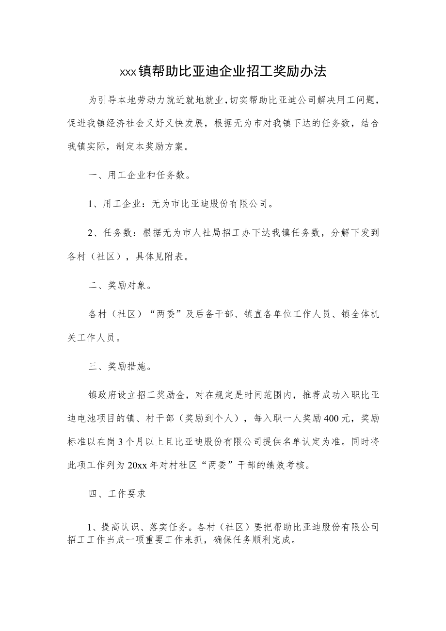 xxx镇帮助比亚迪企业招工奖励办法.docx_第1页