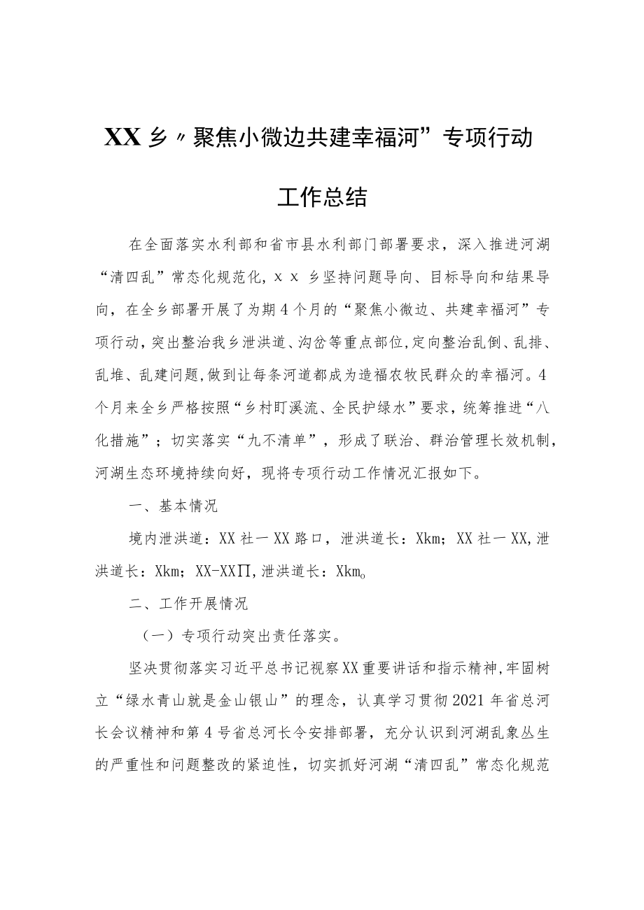 XX乡“聚焦小微边共建幸福河”专项行动工作总结.docx_第1页