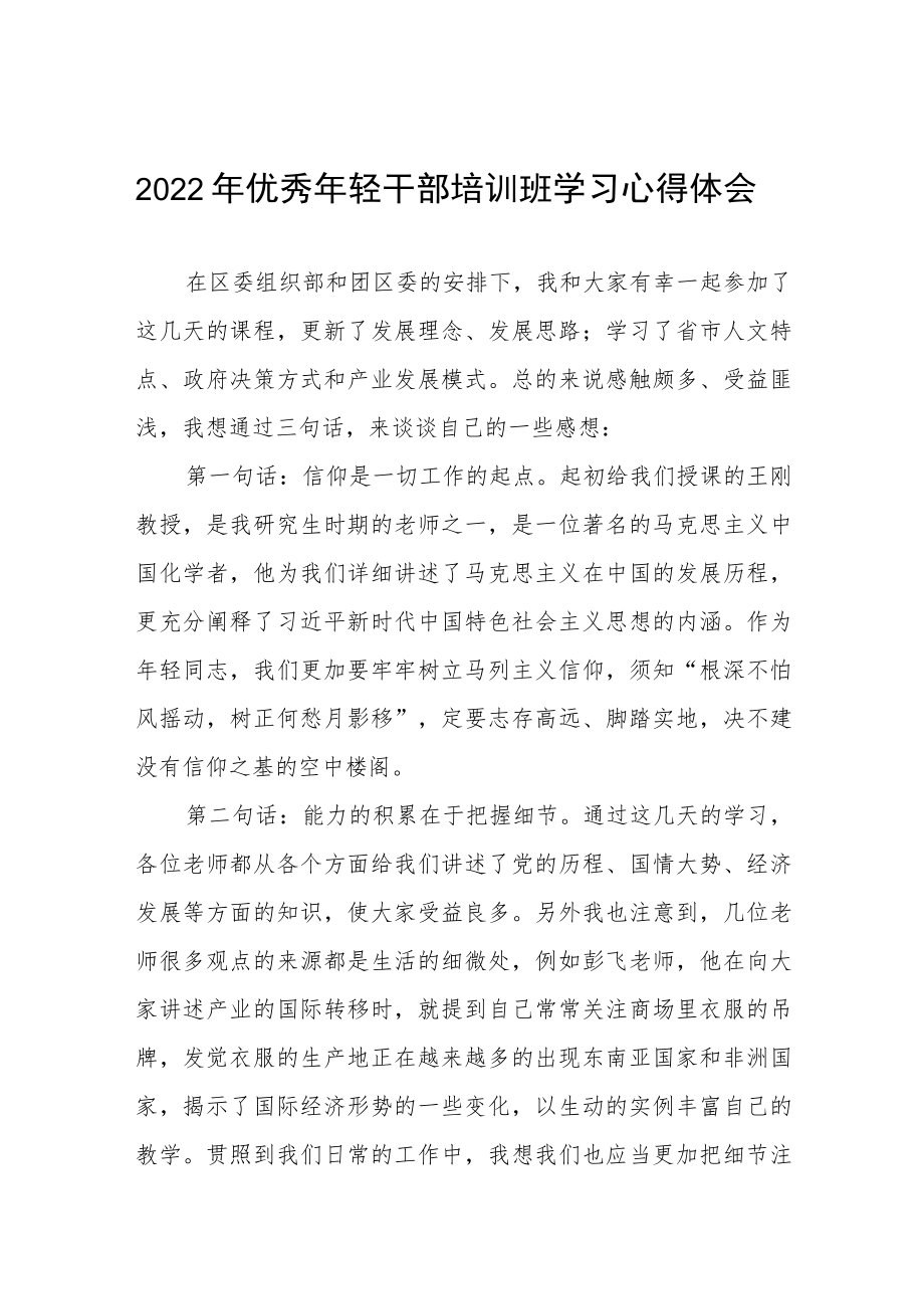 2022年优秀年轻干部培训班学习心得体会感悟五篇.docx_第1页