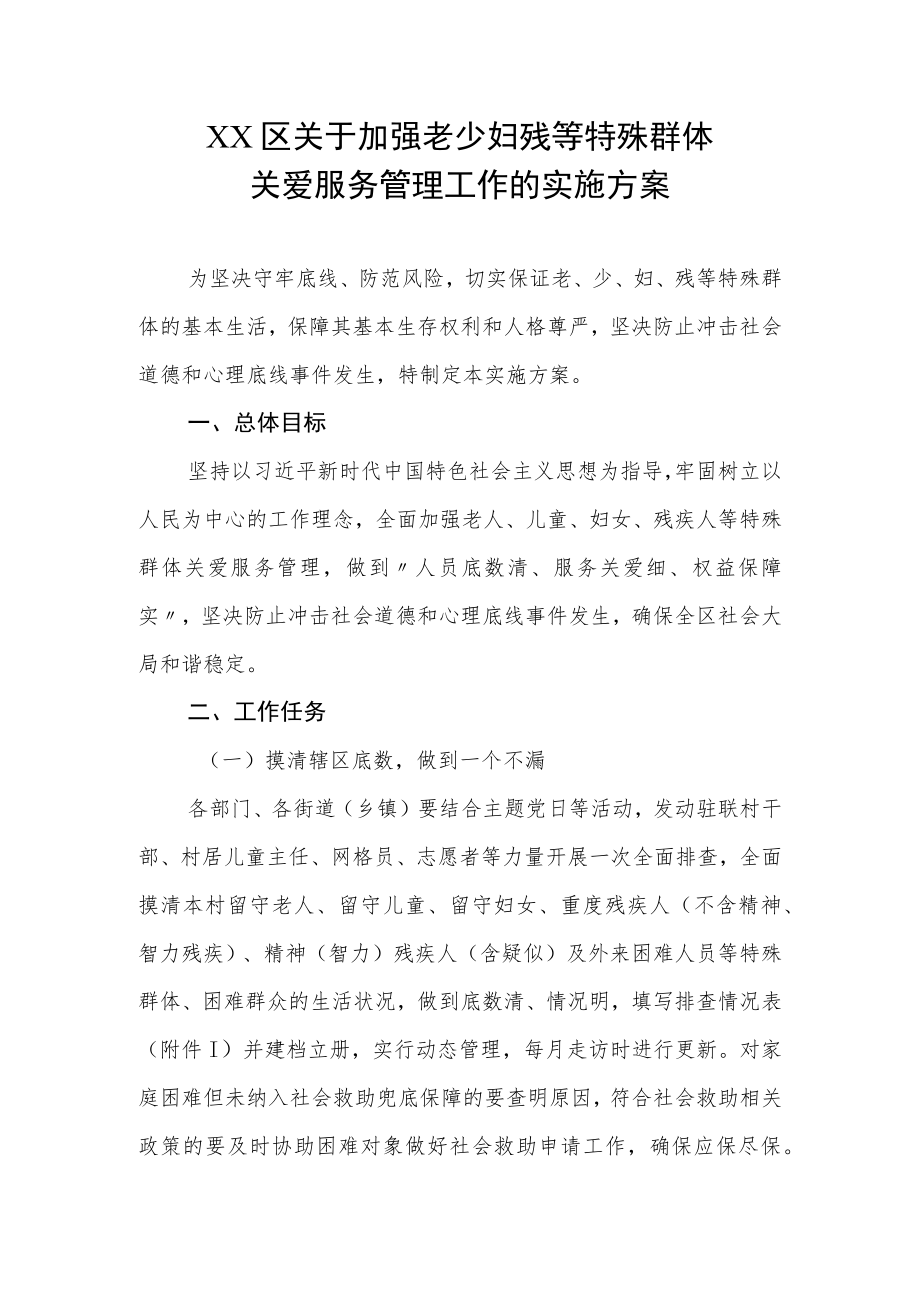 XX区关于加强老少妇残等特殊群体关爱服务管理工作的实施方案.docx_第1页