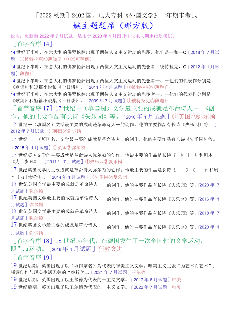 [2022秋期]2402国开电大专科《外国文学》十年期末考试填空题题库(排序版).docx_第1页