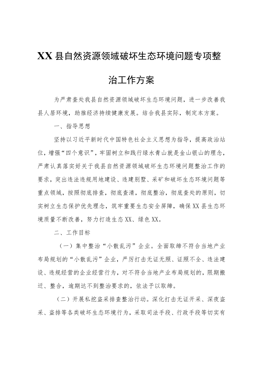 XX县自然资源领域破坏生态环境问题专项整治工作方案.docx_第1页