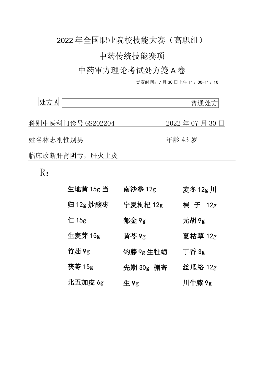 2022年全国职业院校技能大赛-中药传统技能赛项正式赛卷中药调剂审方-中药调剂审方试卷-2022GS-10A2022GS-A卷A方.docx_第1页