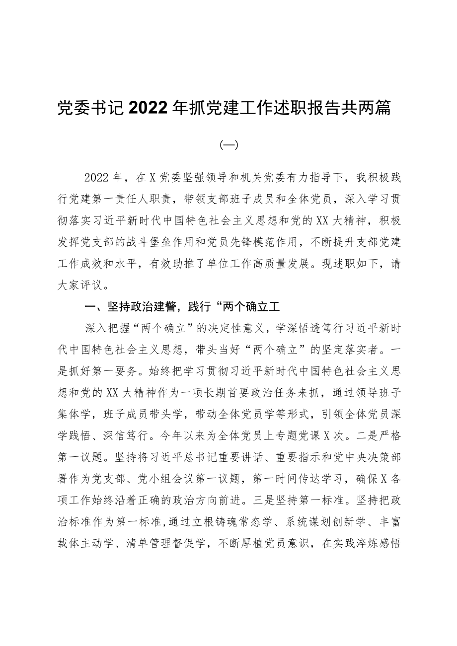 党委书记2022年抓党建工作述职报告共两篇.docx_第1页