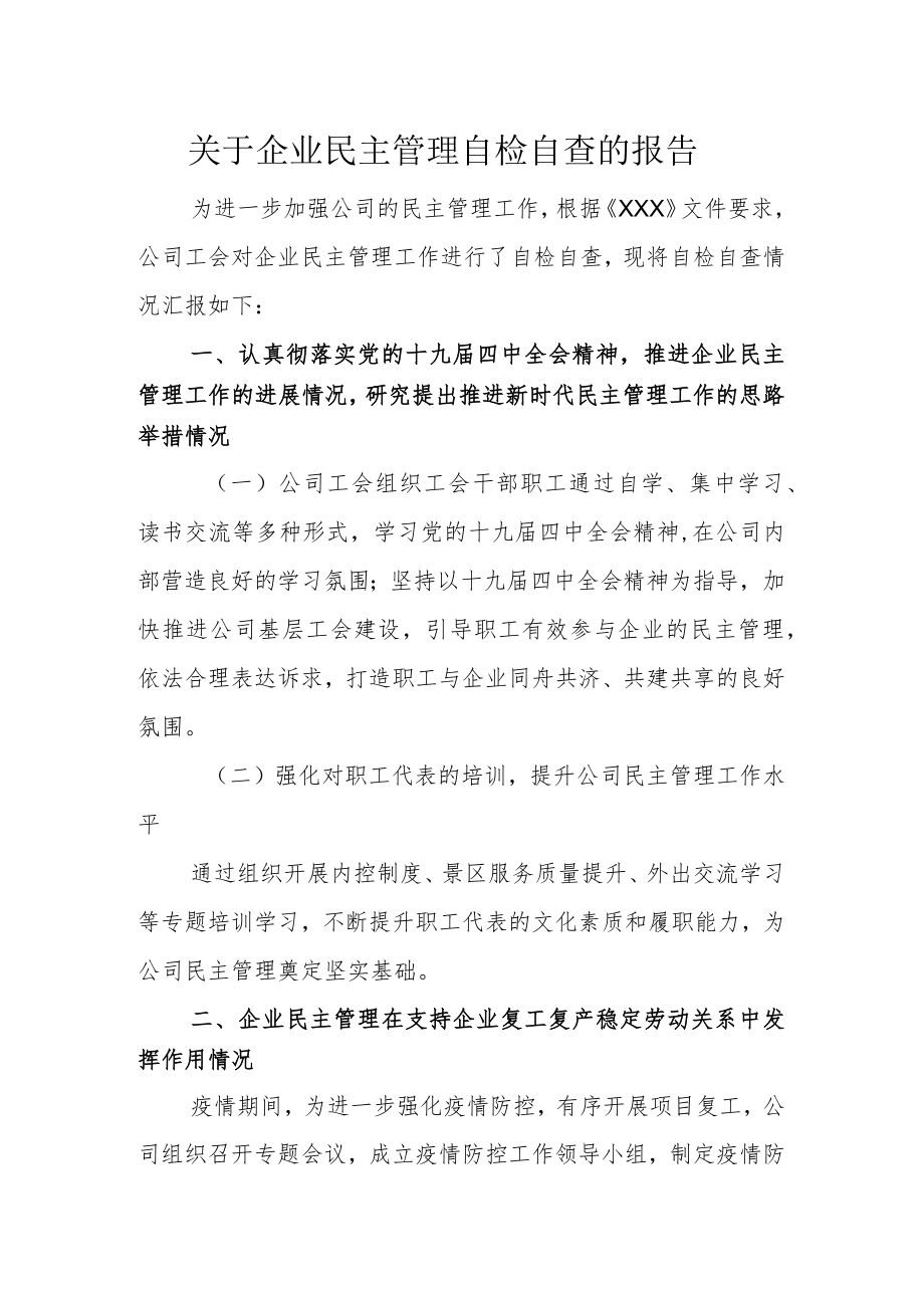 企业民主管理自检自查的报告.docx_第1页