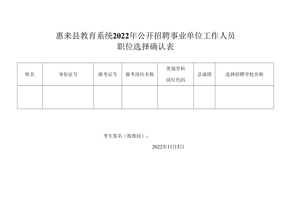 2011年冬季招聘中、小学教师职位选择确认表.docx_第1页