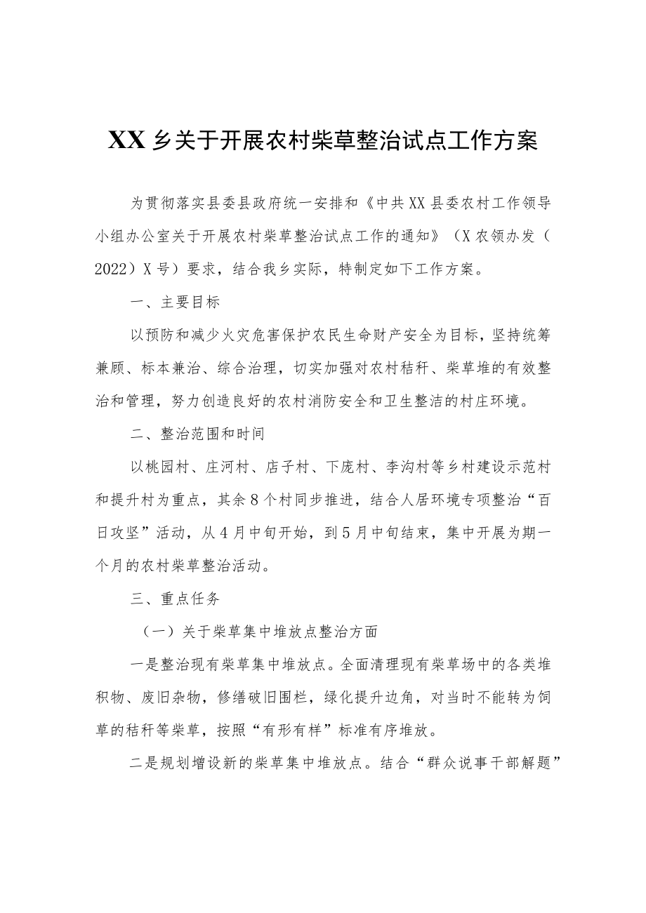 XX乡关于开展农村柴草整治试点工作方案.docx_第1页