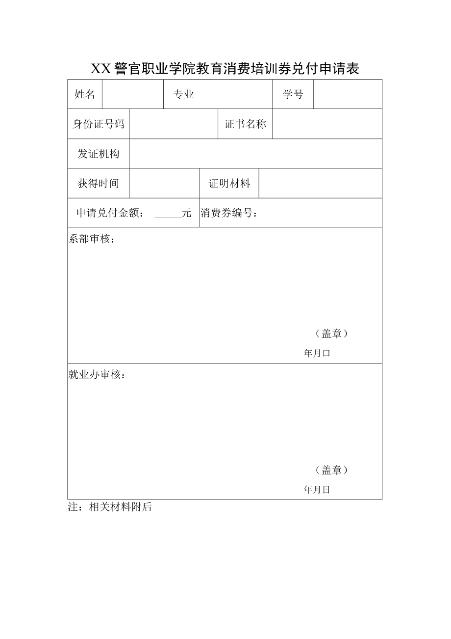 XX警官职业学院教育消费培训券兑付申请表.docx_第1页