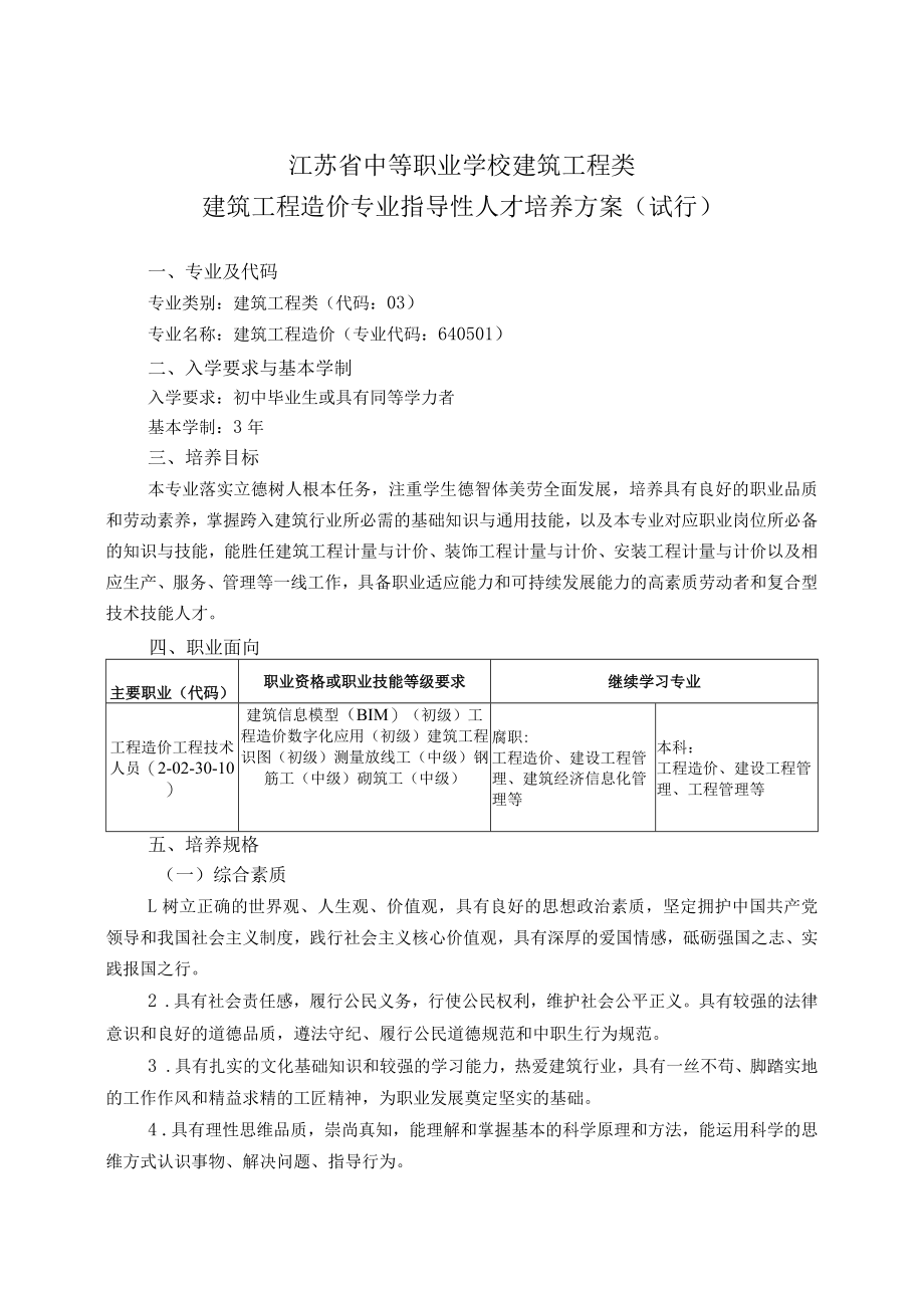 中职建筑工程类建筑工程造价专业人培方案（试行）.docx_第1页