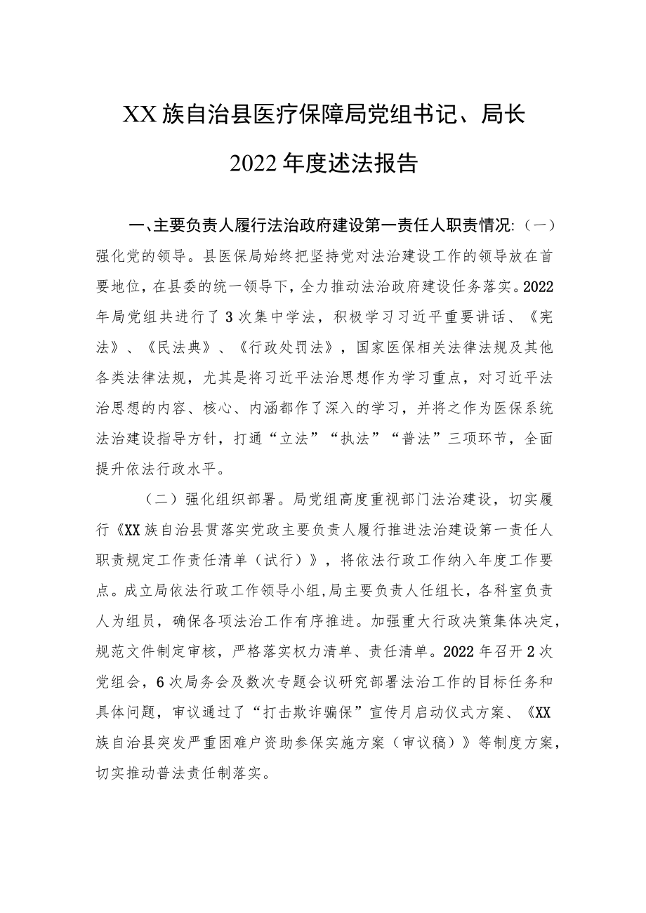 XX族自治县医疗保障局党组书记、局长2022年度述法报告（20221111）.docx_第1页