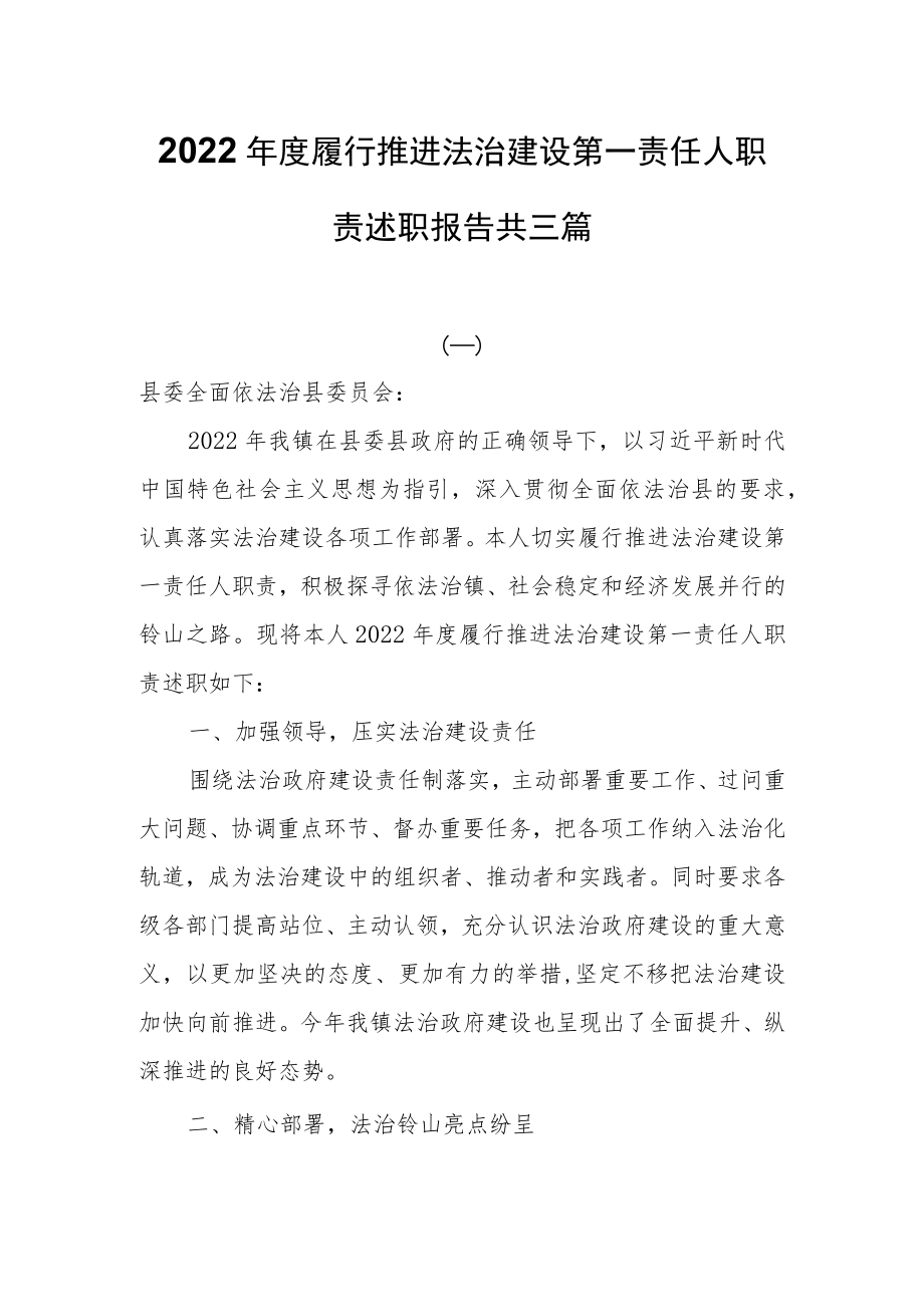 2022年度履行推进法治建设第一责任人职责述职报告共三篇.docx_第1页