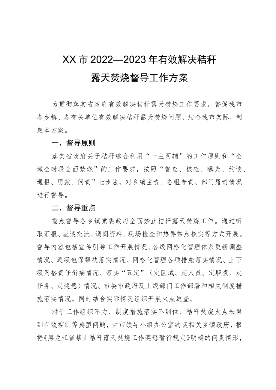 22022—2023年有效解决秸秆露天焚烧督导工作方案.docx_第1页