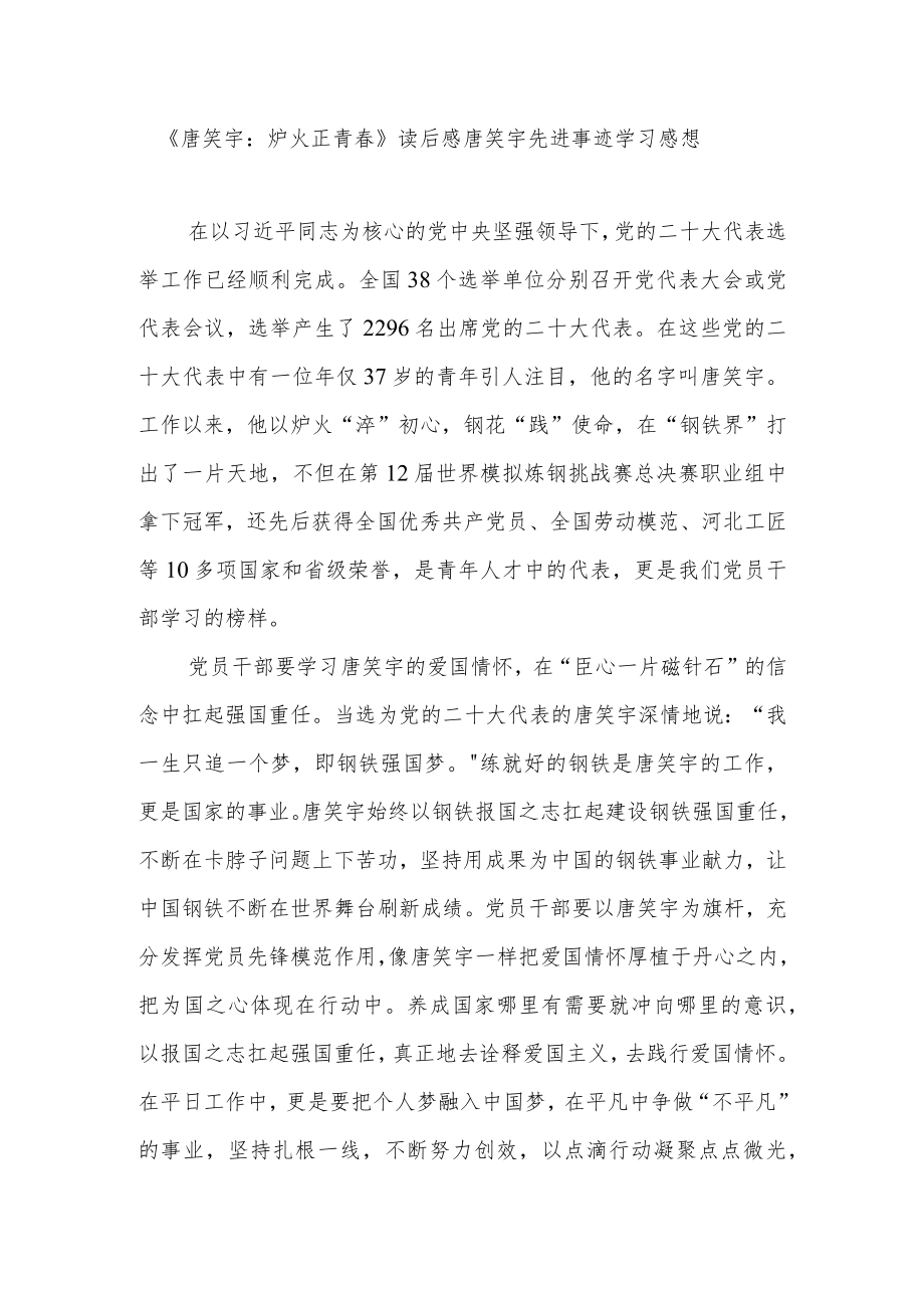 《唐笑宇：炉火正青春》读后感唐笑宇先进事迹学习感想2篇.docx_第1页