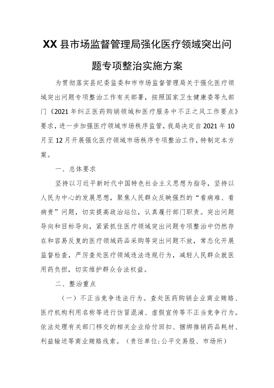 XX县市场监督管理局强化医疗领域突出问题专项整治实施方案.docx_第1页