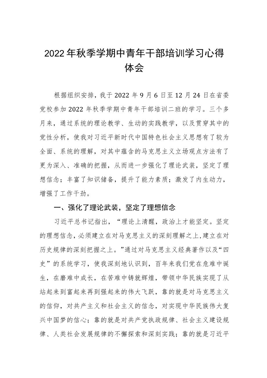 2022年优秀年轻干部培训班学习心得体会感悟五篇例文.docx_第1页