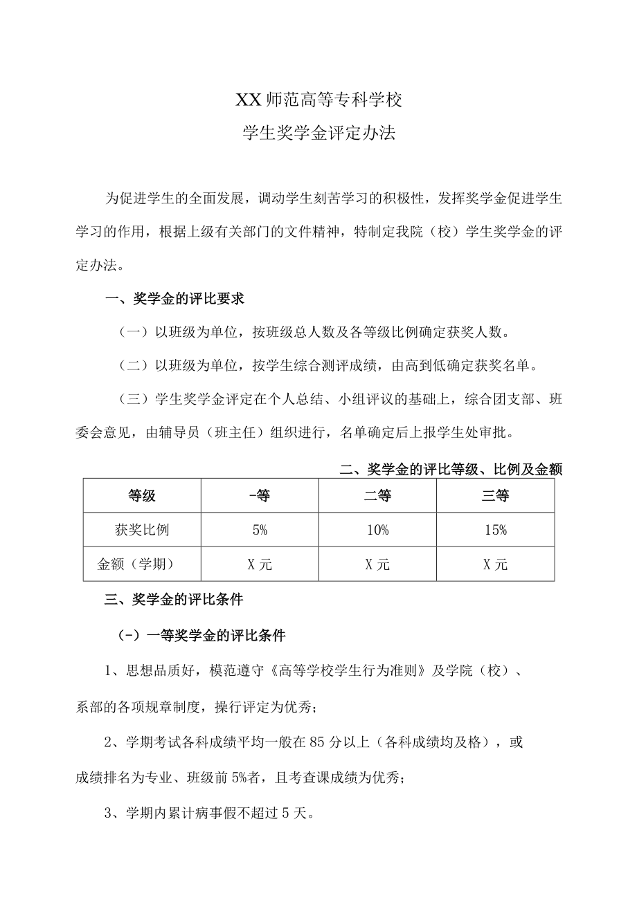 XX师范高等专科学校学生奖学金评定办法.docx_第1页