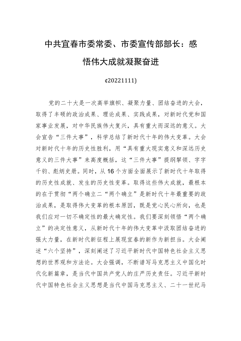 中共宜春市委常委、市委宣传部部长：感悟伟大成就+凝聚奋进(20221111).docx_第1页