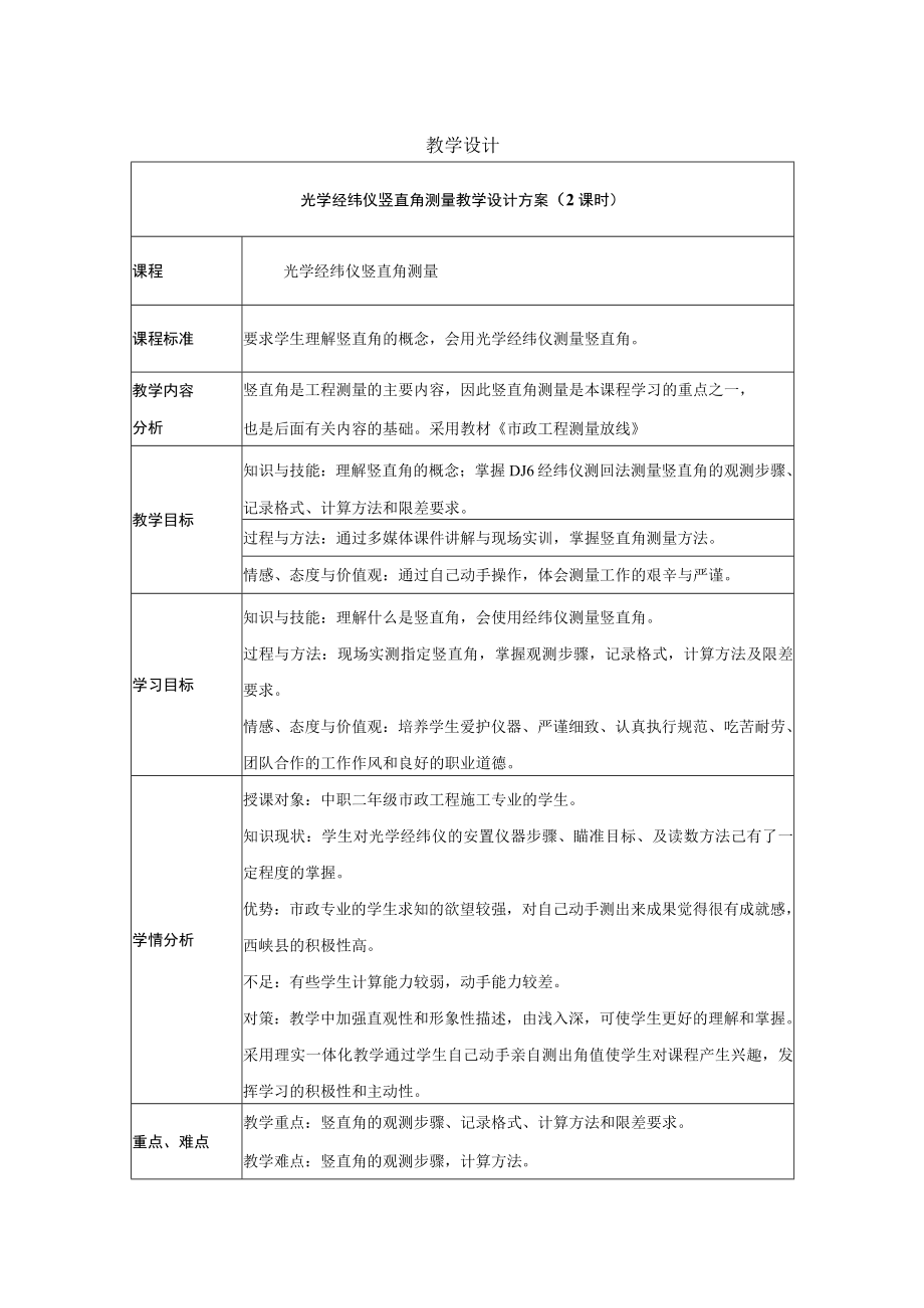 《光学经纬仪竖直角测量》教学设计.docx_第1页