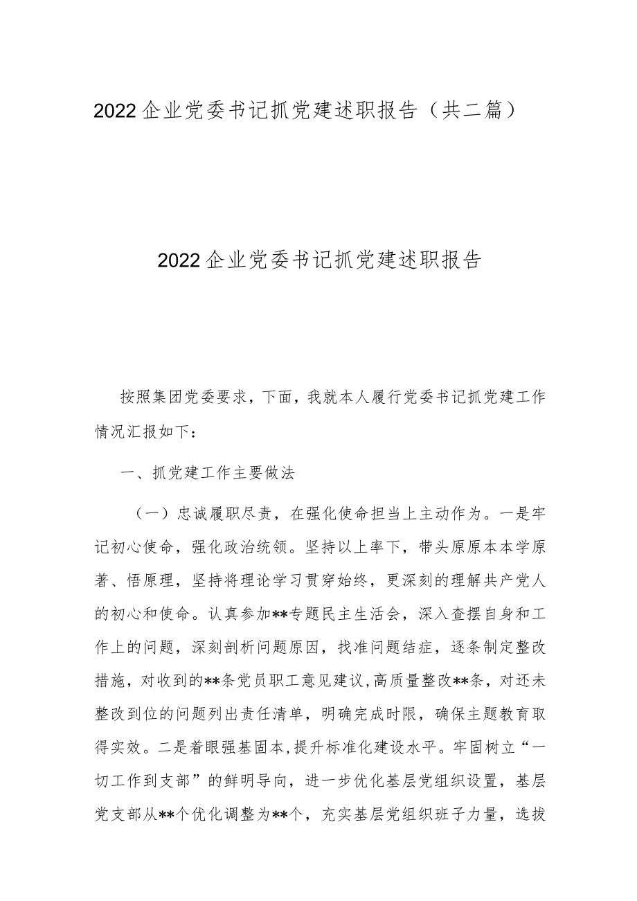 2022企业党委书记抓党建述职报告（共二篇）.docx_第1页