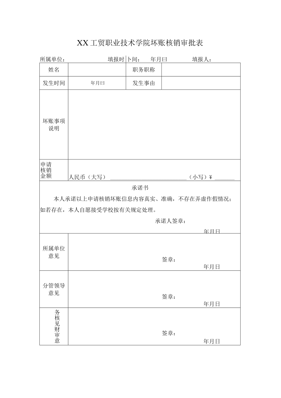 XX工贸职业技术学院坏账核销审批表.docx_第1页