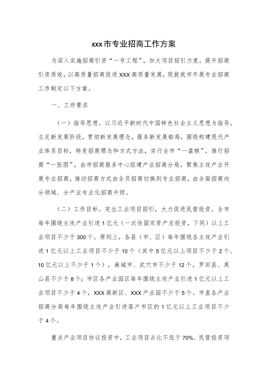 xxx市专业招商工作方案.docx_第1页