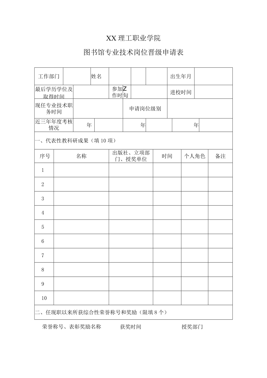 XX理工职业学院图书馆专业技术岗位晋级申请表.docx_第1页