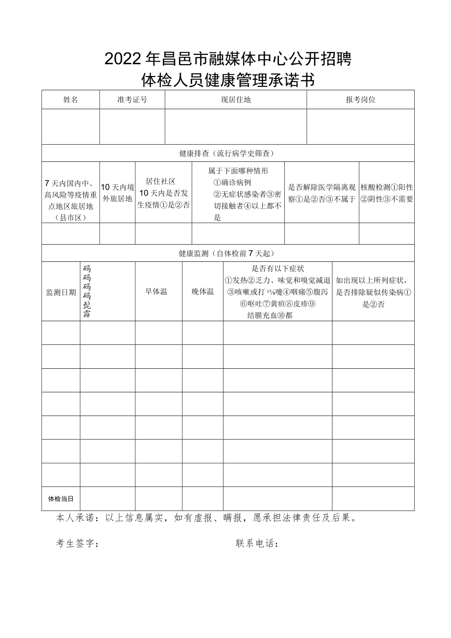 2022年昌邑市融媒体中心公开招聘体检人员健康管理承诺书.docx_第1页