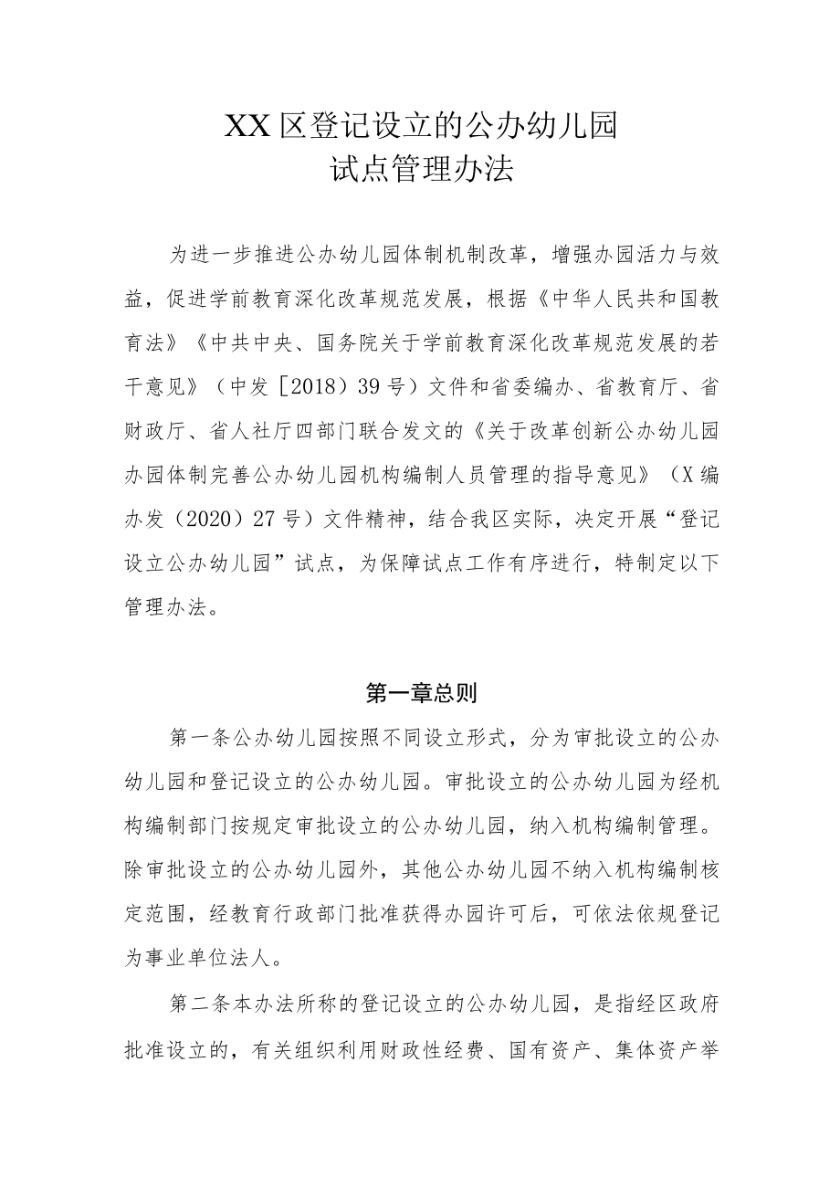 XX区登记设立的公办幼儿园试点管理办法.docx_第1页